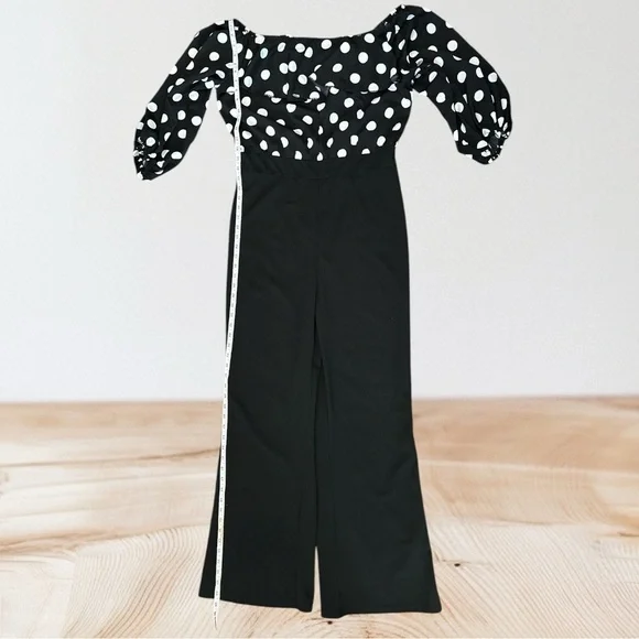 Black & White Polka Dot Off-Shoulder Jumpsuit | Size L | Tall Girl Friendly - Picture 10 of 15